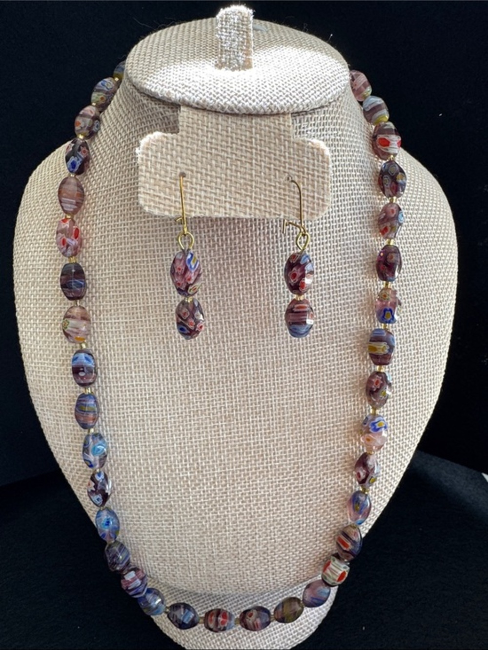 VTG Venetian Millefiori Glass Bead Necklace & Earrings Set